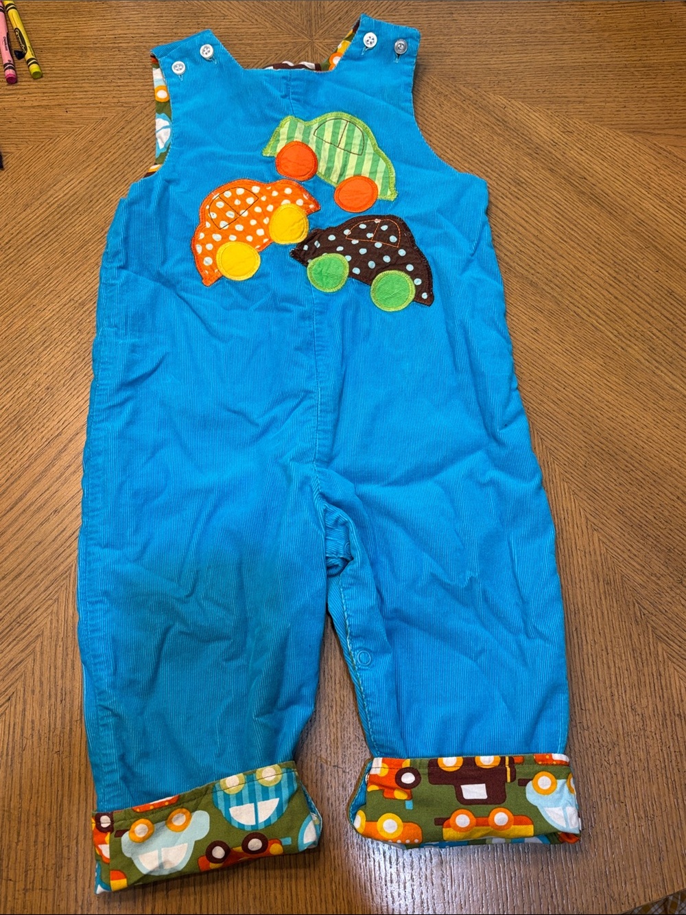 Bright Blue Corduroy Kids Overalls with Playful Car Appliqués